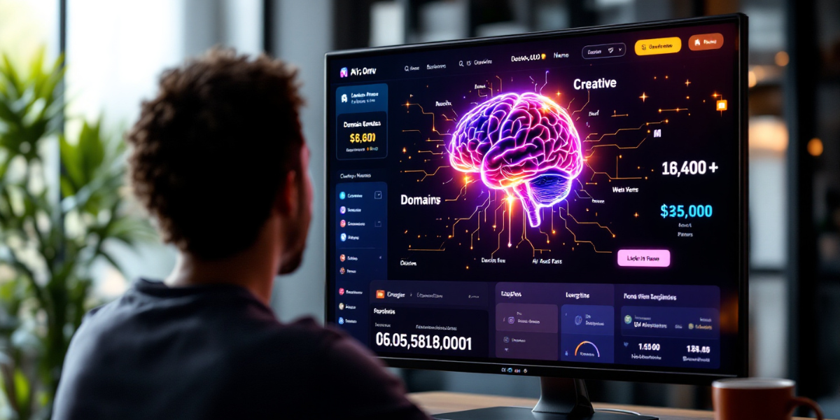 a man facing a sleek digital interface with a vibrant AI brain generating creative domain names on a screen