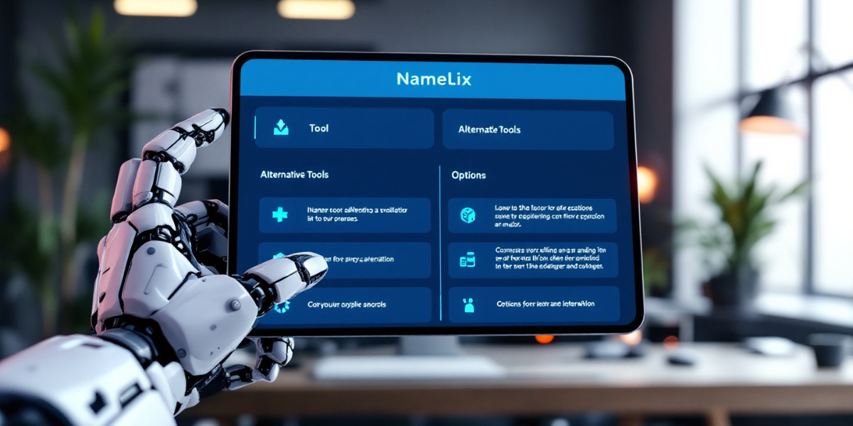 a robotic hand holding a tablet showing alternative tools to Namelix