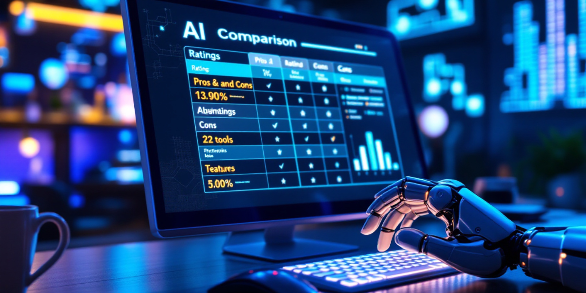 a comparison chart illuminates a computer screen, showcasing ratings, pros, and cons in a structured layout